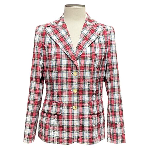 Tommy Hilfiger Vintage 90s Cotton Plaid Blazer Red Black Blue Yellow White 10 - Picture 1 of 6